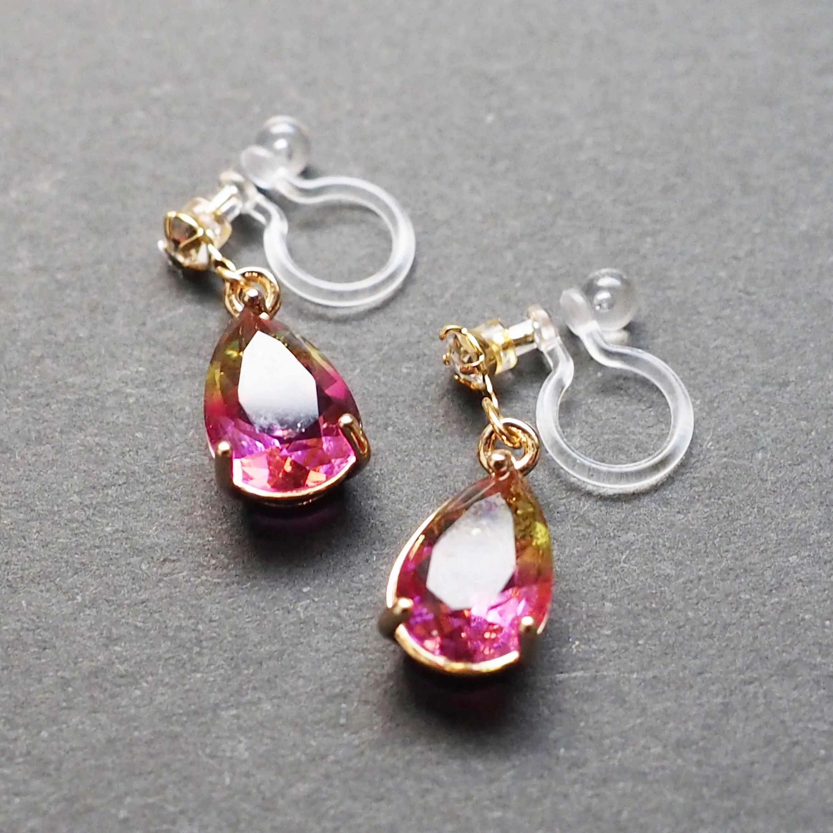 Yellow & Pink Teardrop Crystal Invisible Clip On Earrings