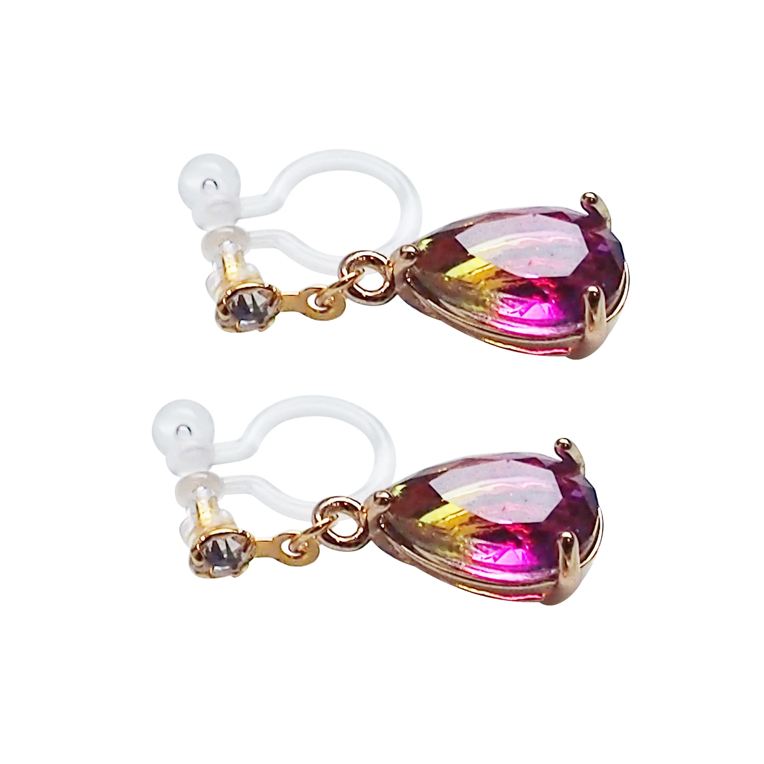 Yellow & Pink Teardrop Crystal Invisible Clip On Earrings